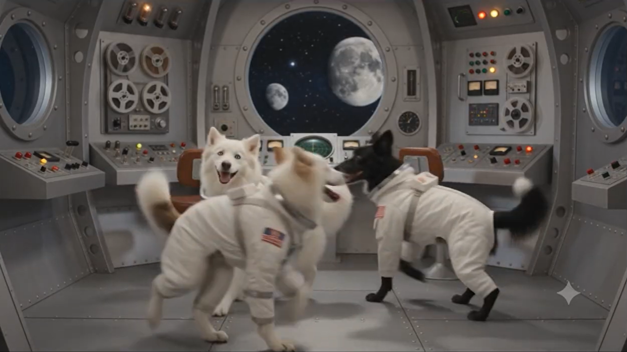 Astronaut dogs playing on a spaceship bridge with the moon visible through a large porthole