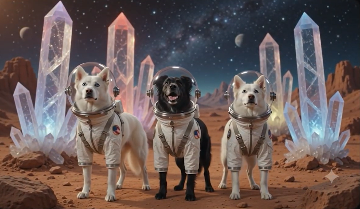 Three astronaut dogs standing among glowing crystal spires on a red alien world